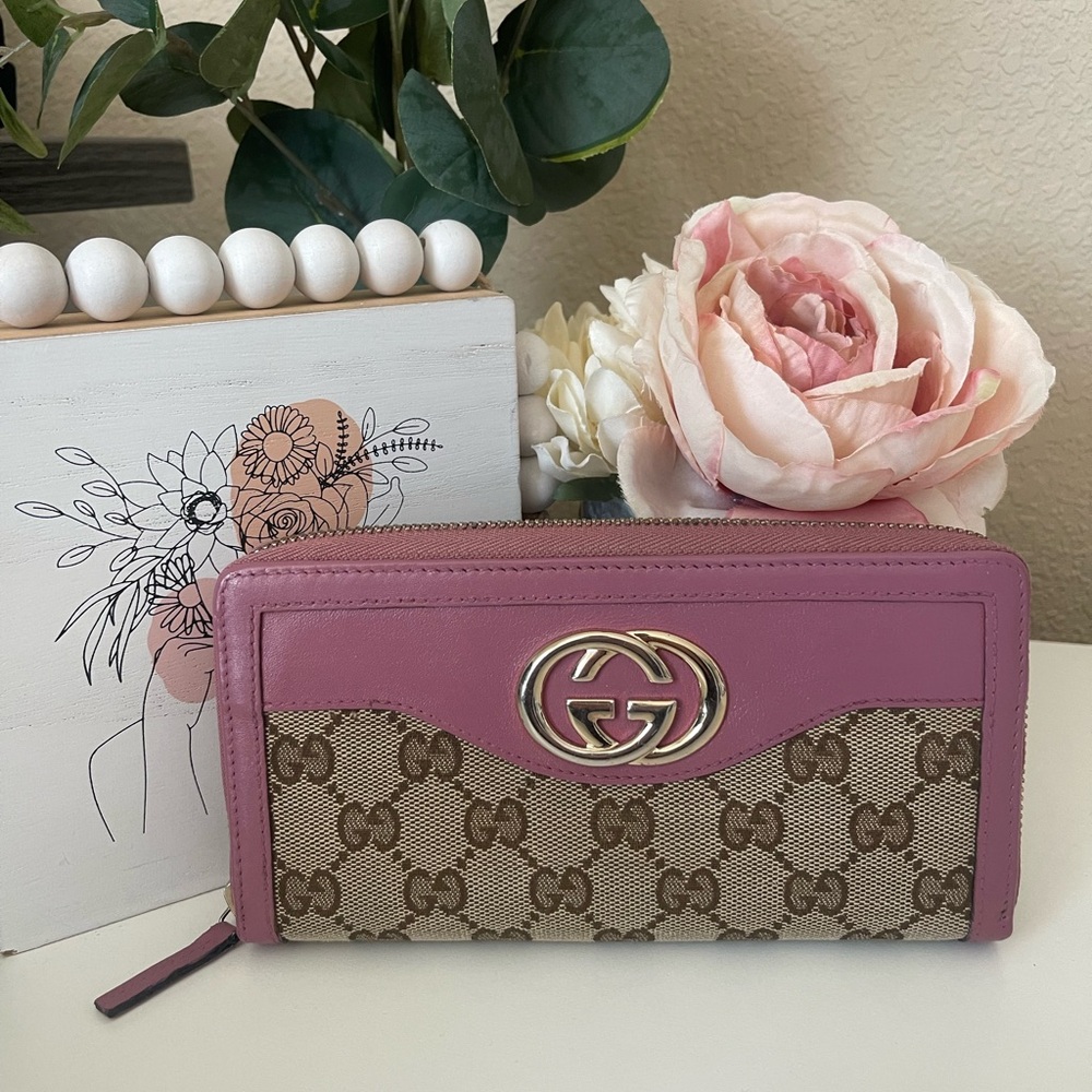 Gucci GG Canvas Britt Continental Zip-Around Wallet Pink Leather Trim w/coa